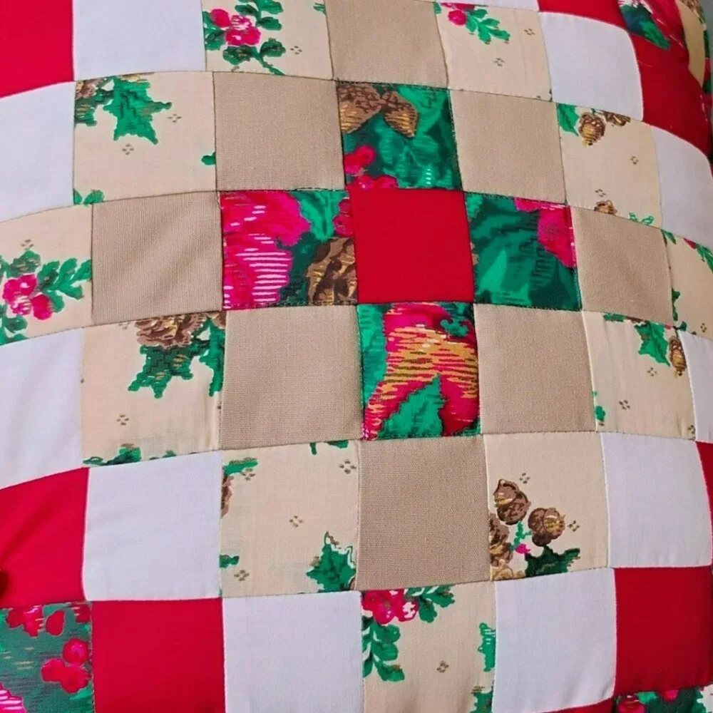 Holiday Patchwork Throw Pillow, Vintage Handmade Quilted Red Green Floral 14